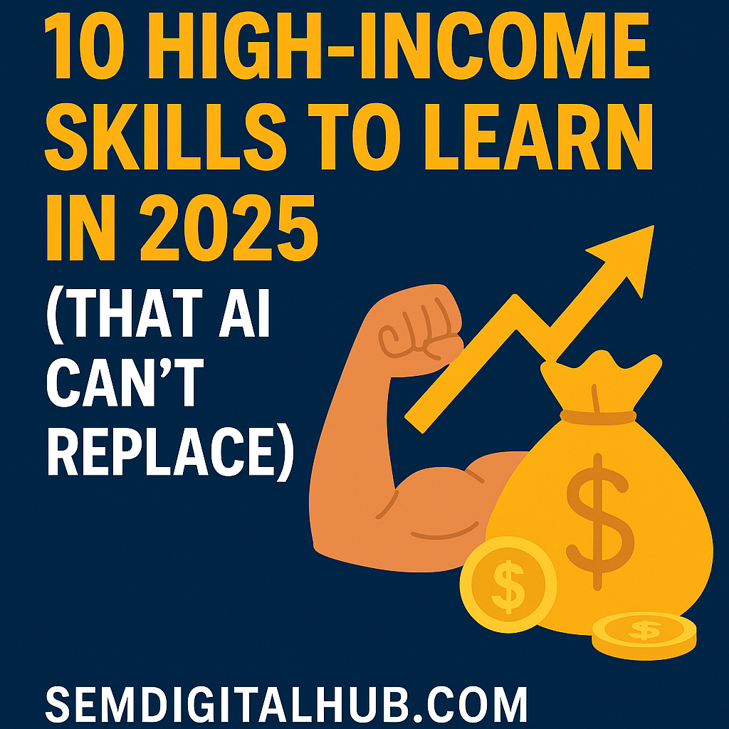 10 High-Income Skills to Learn in 2025 (That AI Can’t Replace) - Strong arm with rising arrow and money bag graphic - semdigitalhub.com