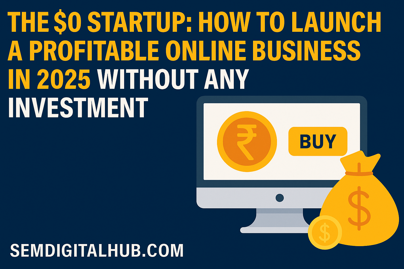 Digital graphic design promoting a ₹0 investment online business with rupee coin, money bag, and computer screen